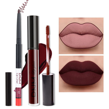 Picture of evpct 2Pcs Dark Red Maroon Matte Lipstick and Lip Liner Makeup Set for Women DNM Dark Blood Red Liquid Matte Brown Lipstick Lip Liner Stain long lasting waterproof Permanent Lipstick 24 hours 17#