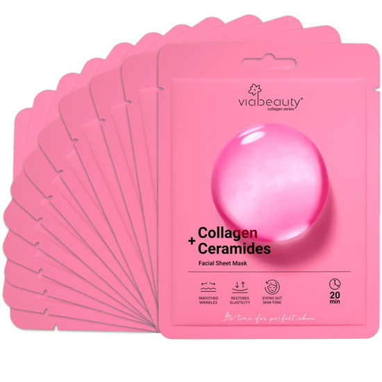 Picture of VIABEAUTY 12 Pack of Collagen Face Mask with Ceramides - Rejuvenating Facial Sheet Mask, Reduce Wrinkles & Fine Lines - Face Masks Skincare Moisturizing Collagen Mask for All Skin Types