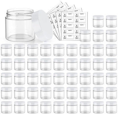Picture of 50 Pack 2 OZ Plastic Jars Round Clear Cosmetic Container Jars with White Lids, Eternal Moment Plastic Slime Jars for Lotion, Cream, Ointments, Makeup, Eye shadow, Rhinestone, Samples, Travel Storage