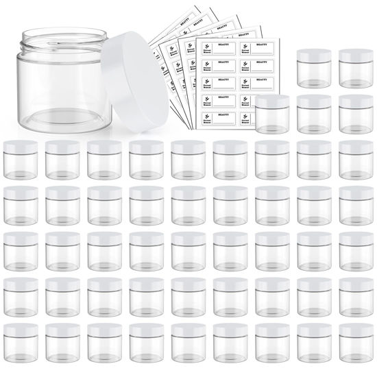 Picture of 50 Pack 2 OZ Plastic Jars Round Clear Cosmetic Container Jars with White Lids, Eternal Moment Plastic Slime Jars for Lotion, Cream, Ointments, Makeup, Eye shadow, Rhinestone, Samples, Travel Storage