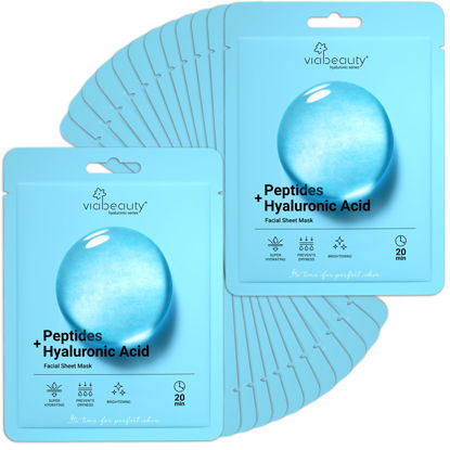 Picture of VIABEAUTY 24 Pack of Hyaluronic Acid Face Mask with Peptides Complex - Deep Hydrating & Brightening Facial Sheet Mask - Moisturizing Face Masks Skincare Facial Sheets for All Skin Types