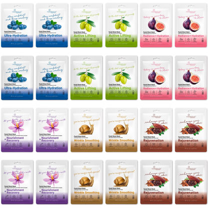 Picture of VIABEAUTY 24 Pack of Sheet Face Masks Skincare - Collagen Face Mask Sheets with Hyaluronic Acid, Vitamin C, Snail Mucin - Facial Sheet Mask for Hydrating, Rejuvenating, Moisturizing