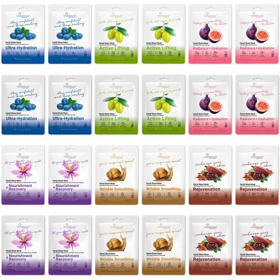 Picture of VIABEAUTY 24 Pack of Sheet Face Masks Skincare - Collagen Face Mask Sheets with Hyaluronic Acid, Vitamin C, Snail Mucin - Facial Sheet Mask for Hydrating, Rejuvenating, Moisturizing
