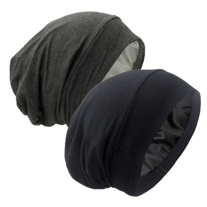 Picture of Silk Satin Lined Bonnet Sleep Cap - Adjustable Stay on All Night Hair Wrap Cover Slouchy Beanie for Curly Hair Protection for Women and Men - Black & Dark Grey