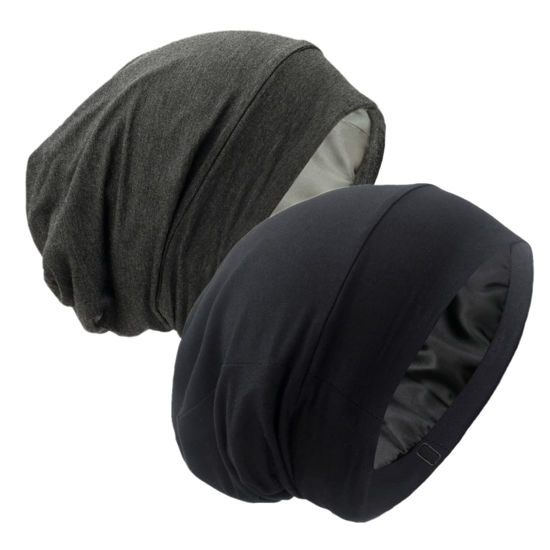 Picture of Silk Satin Lined Bonnet Sleep Cap - Adjustable Stay on All Night Hair Wrap Cover Slouchy Beanie for Curly Hair Protection for Women and Men - Black & Dark Grey