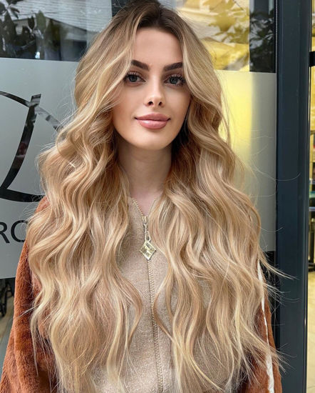 Picture of AISI HAIR Honey Blonde Wig for Women, Long Wavy Lace Hairline Wig, 26 Inch Middle Part Synthetic Heat Resistant Wig for Daily Party