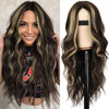Picture of AISI HAIR Long Wavy Wig for Women,Dark Brown with Blonde Highlight Wavy Lace Hairline Wig, 26 Inch Middle Part Synthetic Heat Resistant Wig for Daily Party