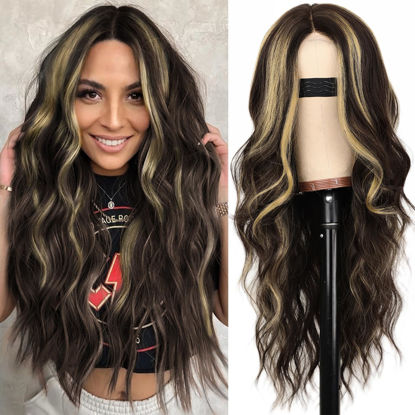 Picture of AISI HAIR Long Wavy Wig for Women,Dark Brown with Blonde Highlight Wavy Lace Hairline Wig, 26 Inch Middle Part Synthetic Heat Resistant Wig for Daily Party