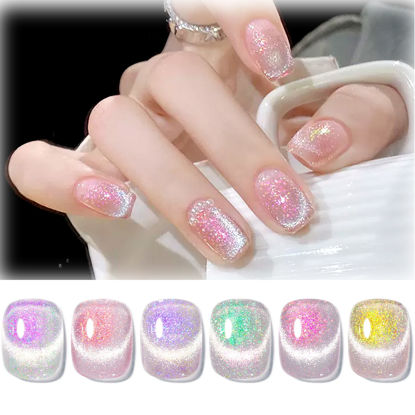 Picture of Born Pretty Cat Magnetic Eye Gel Nail Polish, Mermaid Aurora Holographic Pink Blue Green Yellow Gel Polish, Soak Off U V LED Gel Polish Nail Art Design Manicure Salon DIY Home 7ML 6PCS