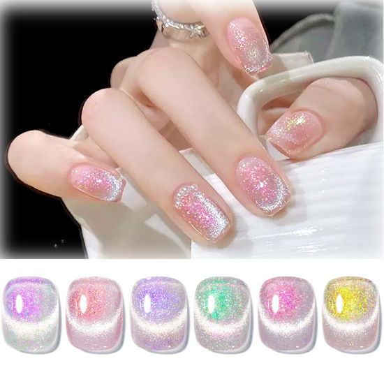 Picture of Born Pretty Cat Magnetic Eye Gel Nail Polish, Mermaid Aurora Holographic Pink Blue Green Yellow Gel Polish, Soak Off U V LED Gel Polish Nail Art Design Manicure Salon DIY Home 7ML 6PCS