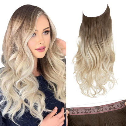 Picture of SARLA Ombre Invisible Wire Hair Extensions with 3 Clips Long Synthetic Wavy Curly Hairpiece Adjustable Transparent Headband for Women 22 Inch Brown to Cool Blonde