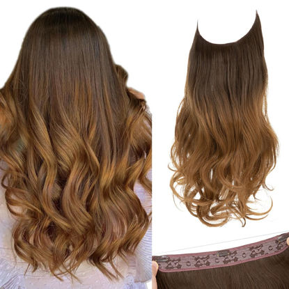 Picture of SARLA Ombre Invisible Wire Hair Extensions with 3 Clips Long Synthetic Wavy Curly Hairpiece Adjustable Transparent Headband for Women 22 Inch Brown to Golden