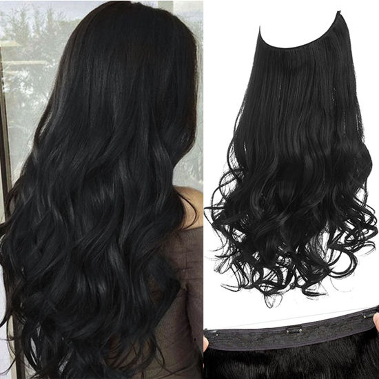 Picture of SARLA Invisible Wire Hair Extensions with 3 Clips Long Synthetic Wavy Curly Hairpiece Adjustable Transparent Headband for Women 22 Inch Jet Black