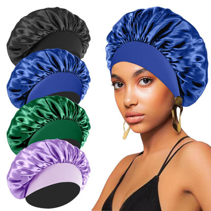Picture of 4PCS Silk Bonnet for Sleeping - Hair Satin Bonnets for Black Women Men,Hair Wrap Cap for Curly Hair,Elastic Wide Band Hair Bonnet Shower Cap for Sleeping (Black & Sapphire Blue & Green & Purple)