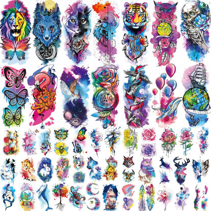 Picture of JEEFONNA 86 Sheets Temporary Tattoo, 14 Sheets Large Half Arm Fake Flower Cat Owl Lion Tattoos, 72 Sheets Tiny Waterproof Semi Permanent Temporary Tattoos Realistic for Women Girls Kids Adults