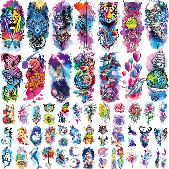 Picture of JEEFONNA 86 Sheets Temporary Tattoo, 14 Sheets Large Half Arm Fake Flower Cat Owl Lion Tattoos, 72 Sheets Tiny Waterproof Semi Permanent Temporary Tattoos Realistic for Women Girls Kids Adults