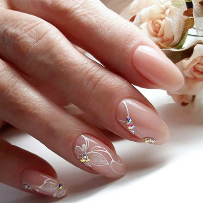 Picture of YOSOMK Nude Almond Fake Nails Medium Press on Nails with Flower Designs Glossy False Nails Glitter Rhinestones Stick on Artificial Nails for Women