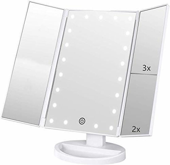 Picture of Flymiro Tri-fold Lighted Vanity Makeup Mirror with 3x/2x Magnification,21 LEDs Light and Touch Screen,180 Degree Free Rotation Countertop Cosmetic Mirror,Travel (White)