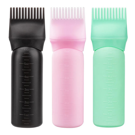 Picture of Cosywell Root Comb Applicator Bottle 6 Ounce 3 Pack Hair Oil Applicator Bottle Hair Applicator Brush for Hair Root Comb Color with Graduated Scale(Black Pink Green)