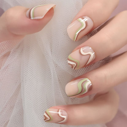 Picture of Coolnail Swirl Paattern Natural Short Round Glossy Press on Nails Nude Designs False Nails Polish Free Manicure Reusable Fake DIY Nail Art Tips
