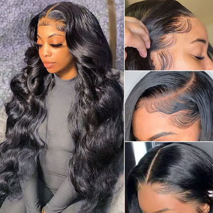 Picture of Pizazz Body Wave Lace Frontal Wigs Human Hair Pre Plucked with Baby Hair 180 Density Glueless Human Hair Wigs for Black Women 13x4 HD Transparent Lace Front Wigs with Natural Hairline(22 Inch)