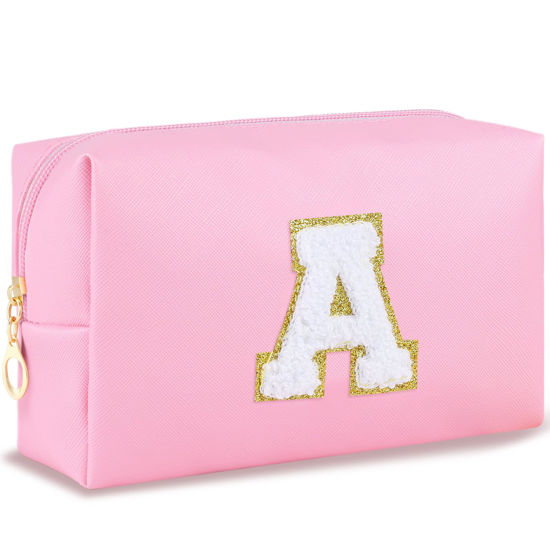 Picture of URSKYTOUS Initial Makeup Bag Personalized Preppy Cosmetic Bag Travel Toiletry Bag Waterproof PU Small Makeup Pouch Bag for Purse Birthday Gift Cute Stuff for Teen Girls Women (Pink A)