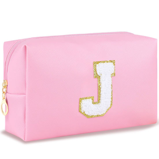 Picture of URSKYTOUS Gifts for Teacher Initial Makeup Bag Personalized Cosmetic Bag Cute Travel Toiletry Bag Small Chenille Letter PU Makeup Pouch Organizer Preppy Birthday Gift for Daughter Teen Girls (Pink J)