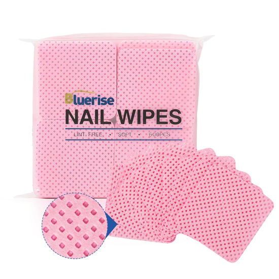 Picture of BLUERISE Lint Free Nail Wipes Pink 600pcs Nail Polish Remover Pads Soft Absorbable Eyelash Extension Glue Cleaning Wipes