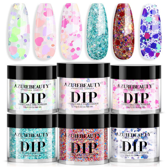 Picture of AZUREBEAUTY Dip Powder Nail Set, 6 Colors with Glitter in Pink and Aqua Blue, Light Dark Tones, No Lamp Needed, All Seasons, Dipping Powder Starter Kit for Manicure and Salon Use
