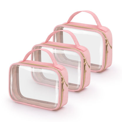 Picture of Wedama TSA Approved Toiletry Bag, 3 Pack Clear Makeup Bags with Handles, Quart Size Clear Toiletry Bags, PVC Cosmetic Bags for Women and Men, Carry on Airport Airline Comp (Pink, 3 Pack, Medium)