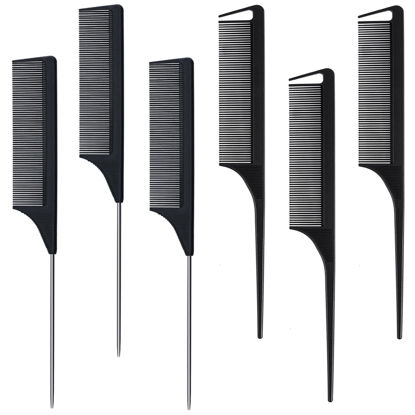 Picture of 6 Packs Hair Rat Tail Combs Parting Rattail Combs Carbon Fiber Heat Resistant Teasing Combs with Stainless Steel Pintail for Women,Girls