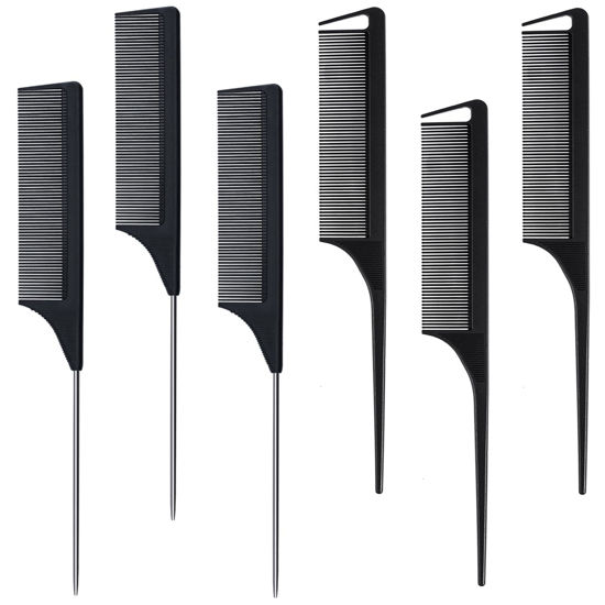 Picture of 6 Packs Hair Rat Tail Combs Parting Rattail Combs Carbon Fiber Heat Resistant Teasing Combs with Stainless Steel Pintail for Women,Girls