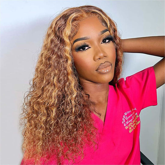 Picture of HIRIREMY 16 Inch Ombre Highlight Curly Bob Wig Human Hair For Black Women Wear And Go Glueless 13x4 HD Honey Blonde Highlight Deep Wave Lace Front Wigs Human Hair Pre Plucked Wet And Wavy 4/27