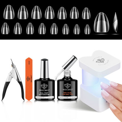 Picture of modelones Gel X Nail Kit, Upgrade 15Sizes Extra Short Almond Gel x Nail Tips, Nail Glue Nail Prep Dehydrate & Portable Led Lamp, 510Pcs Press On Fake Nails Tip Nail Extension Gift for Women