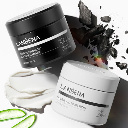 Picture of LANBENA 2 PCS Pore Strips, 2% BHA(Salicylic Acid) Nose Pore Strips 2.0 + Bamboo Charcoal Blackheads Remover Peel off Mask 3.0, Plants Pore Cleanser Purifying, added Amazonian White Clay, Oil Control