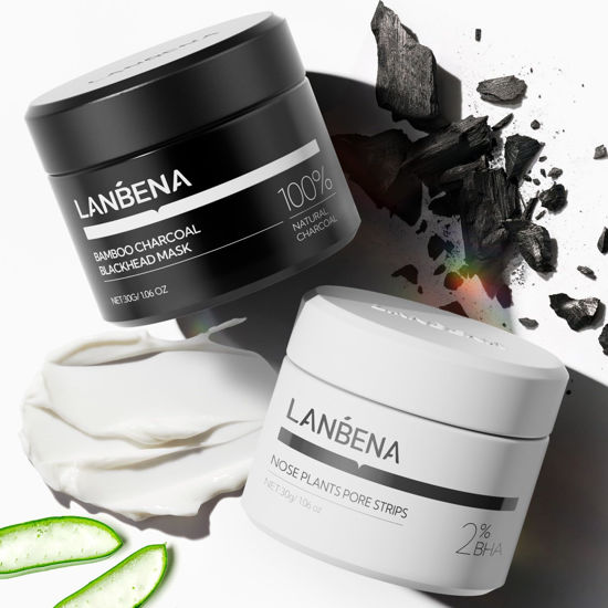 Picture of LANBENA 2 PCS Pore Strips, 2% BHA(Salicylic Acid) Nose Pore Strips 2.0 + Bamboo Charcoal Blackheads Remover Peel off Mask 3.0, Plants Pore Cleanser Purifying, added Amazonian White Clay, Oil Control