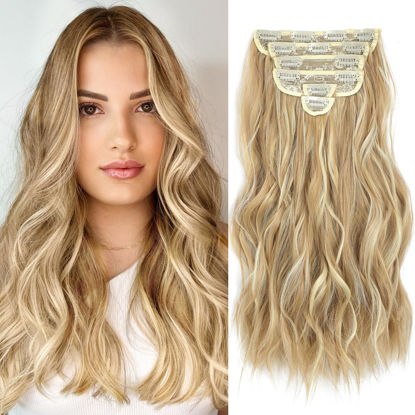 Picture of Fliace Clip in Hair Extensions, 6 PCS Natural & Soft Hair & Blends Well Hair Extensions, Honey golden brown&Blonde Long Wavy Hairpieces(20inch, 6pcs,Honey golden brown&Blonde)