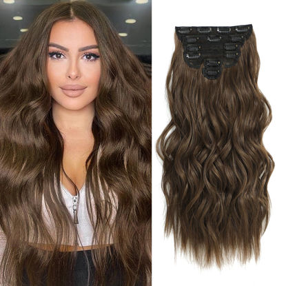Picture of Fliace Clip in Hair Extensions, 6 PCS Natural & Soft Hair & Blends Well Hair Extensions, Medium Brown Long Wavy Hairpieces(20inch, 6pcs, Medium Brown)