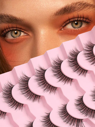 Picture of Eyelashes Natural Cat Eye Lashes 16mm Flase Eyelashes Flared Strip Lashes Fluffy False Lashes That Look Like Extensions C Curl Wispy Lashes Siligli Soft Lashes Pack 7 Pair