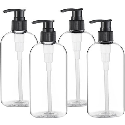 Picture of Empty Plastic Pump Bottles Dispenser 4 Pack 16oz/500ml Portable Clear BPA-Free Cylinder Shampoo Lotion Hand Pump Bottle Durable Refillable Containers for Massage Oil, Liquid Soap