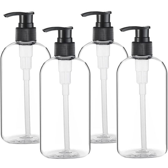 Picture of Empty Plastic Pump Bottles Dispenser 4 Pack 16oz/500ml Portable Clear BPA-Free Cylinder Shampoo Lotion Hand Pump Bottle Durable Refillable Containers for Massage Oil, Liquid Soap