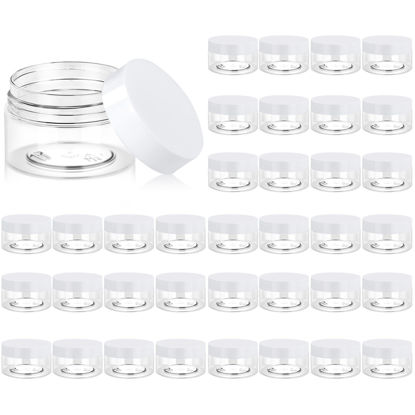 Picture of 36 Pack 1 OZ Plastic Jars Round Clear Cosmetic Container Jars with White Lids, Eternal Moment Plastic Slime Jars for Lotion, Cream, Ointments, Makeup, Eye shadow, Samples, Pot, Travel Storage