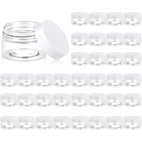 Picture of 36 Pack 1 OZ Plastic Jars Round Clear Cosmetic Container Jars with White Lids, Eternal Moment Plastic Slime Jars for Lotion, Cream, Ointments, Makeup, Eye shadow, Samples, Pot, Travel Storage
