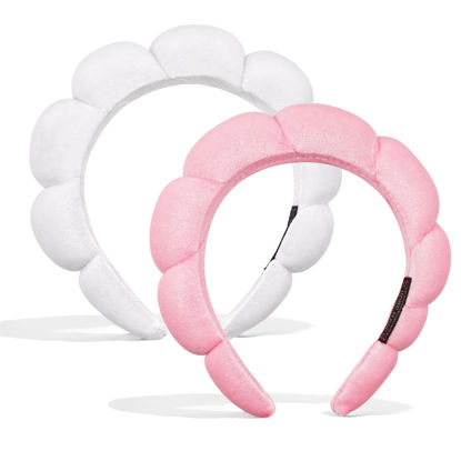 Picture of Ayesha Hairband, 2pcs Spa Headband for Women - Bubble Skincare Headband for Washing Face, Sponge Soft Hairband Skincare Makeup Headbands for Women Girls Shower, Pink & White