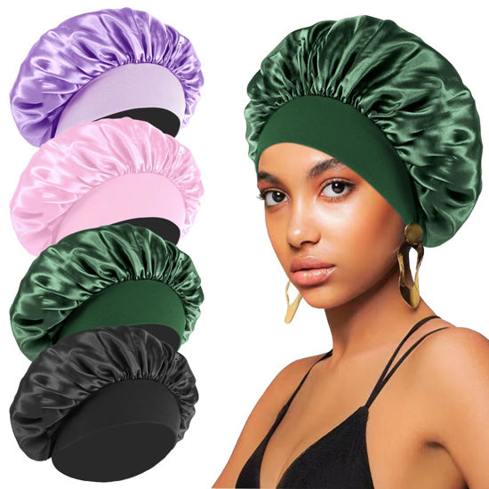 Picture of 4PCS Silk Bonnet for Sleeping - Hair Satin Bonnets for Black Women Men,Hair Wrap Cap for Curly Hair,Elastic Wide Band Hair Bonnet Shower Cap for Sleeping (Purple & Pink & Pale Green & Black)