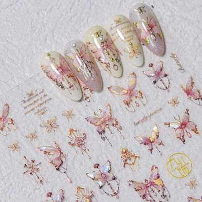 Picture of Butterfly Nail Art Stickers Decals 5D Butterfly Nail Stickers Pink Seashell Shinny Butterfly Nails Design 5D Embossed Nail Decals Butterfly Stickers for Women Girl DIY Manicure Nail Art Decorations