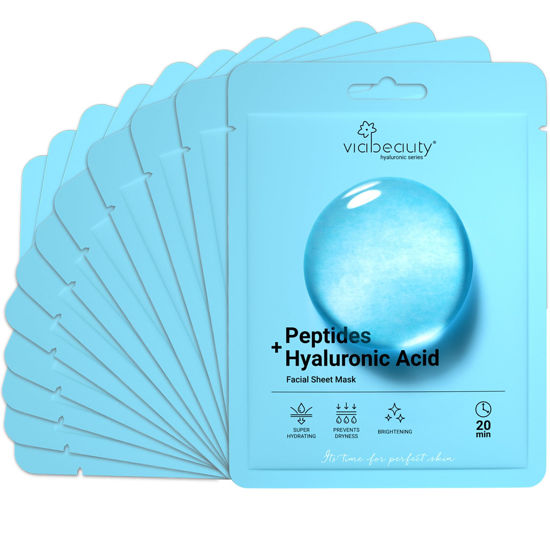 Picture of VIABEAUTY 12 Pack of Hyaluronic Acid Face Mask with Peptides Complex - Deep Hydrating & Brightening Facial Sheet Mask - Moisturizing Face Masks Skincare Facial Sheets for All Skin Types