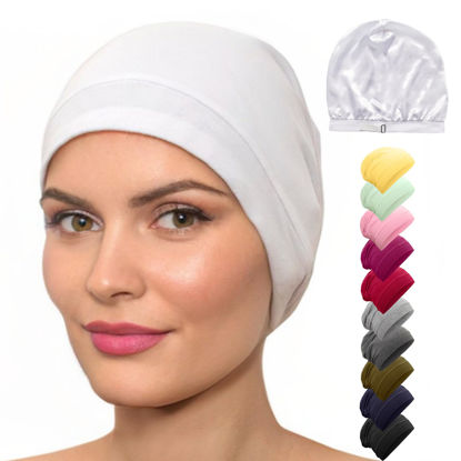 Picture of CAPLORD Silk Satin Bonnet Hair Cover Sleep Cap for Sleeping Beanie Hat Adjustable Stay On Headwear Lined Natural Nurse Cap for Women