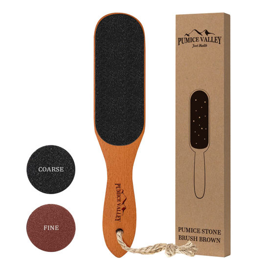 Picture of Pumice Stone Foot File - Wooden Pedicure Feet Scrubber with Handle for Callus, Dry, and Dead Skin Removal - Heel Scraper for Feet, Hands, and Body - Foot Filer for Use in Shower