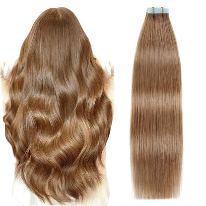 Picture of SUYYA Tape in Hair Extensions Human Hair 14 inches 40g/pack 20pcs Straight Seamless Skin Weft Tape in Remy Human Hair Extensions(14 inches #8 Light Brown)